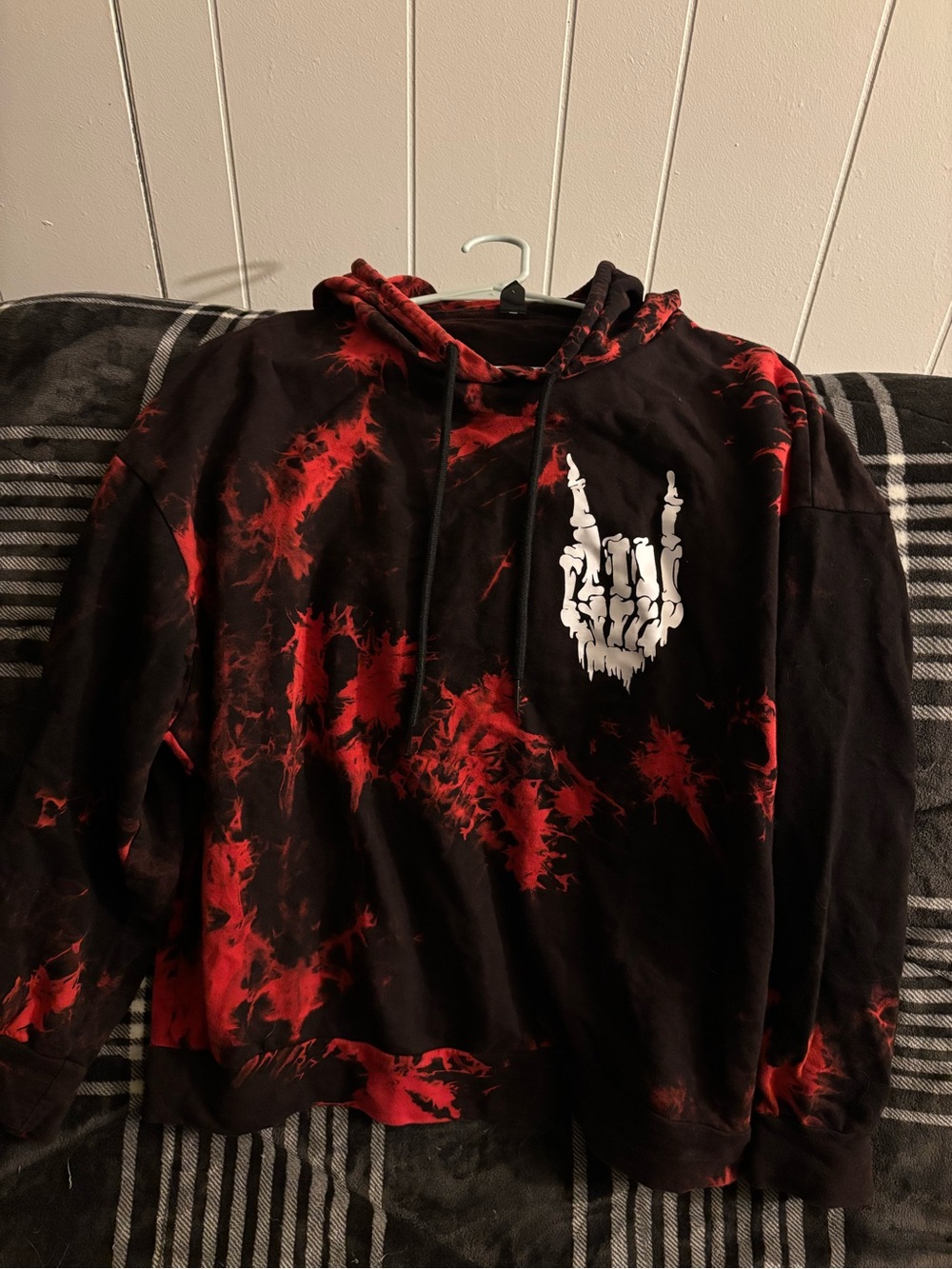 SHEIN Black & Red Tie-Dye Crewneck with White Skeleton Hand Graphic